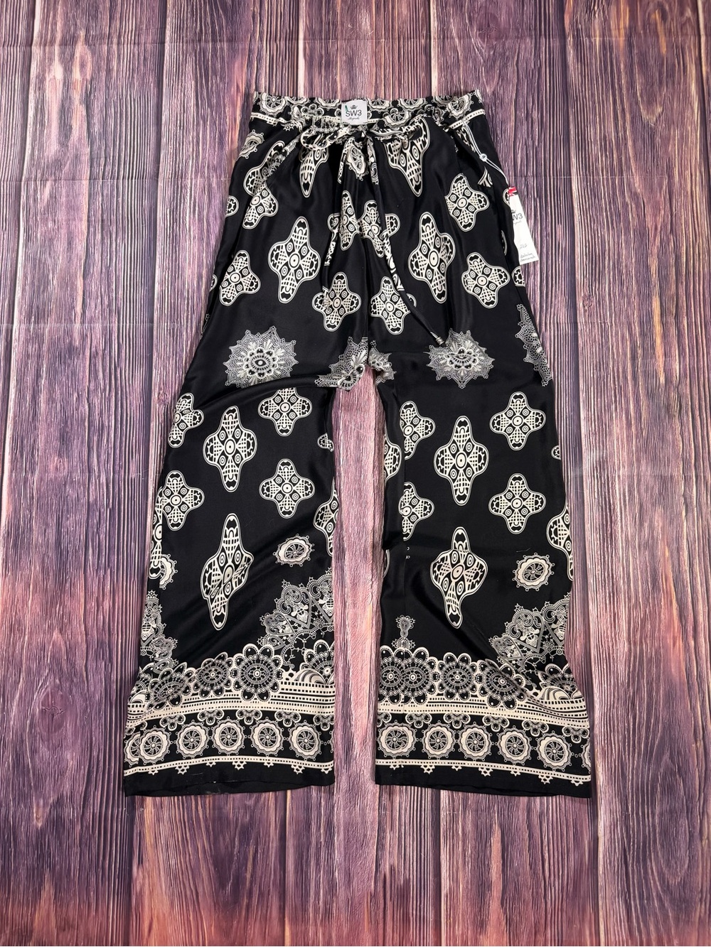 NWT 100% Silk SW3 Bespoke UK Black &‎ Cream Flowy Pants USA Made Size Medium